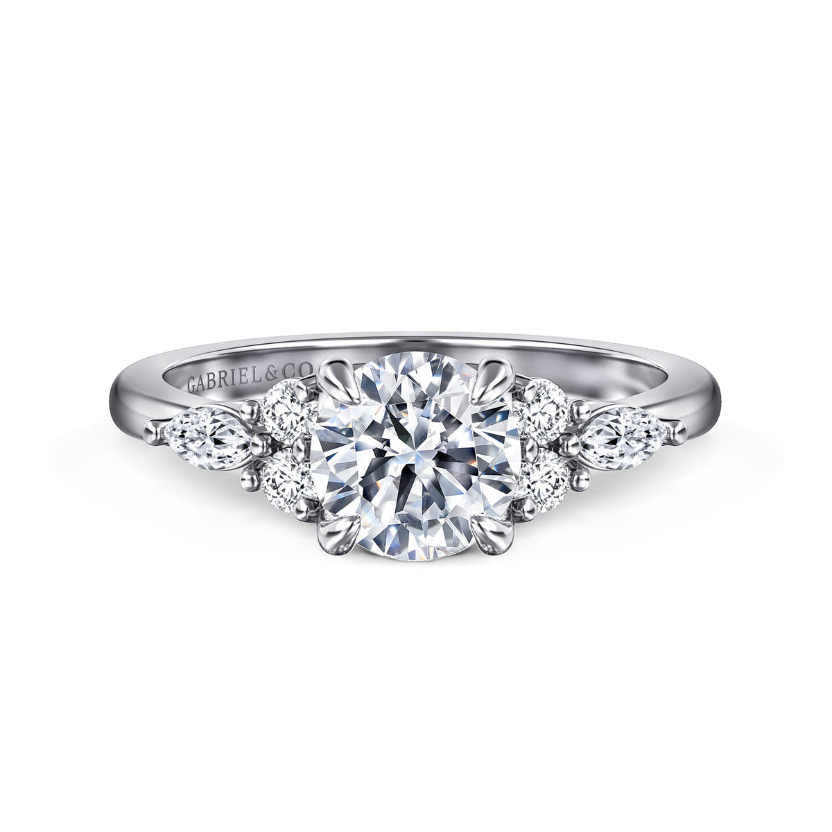 14K White Gold Round Diamond Cluster Engagement Ring — Gabriel & Co. ER16125R4W44JJ; center stone shown for illustration, not included