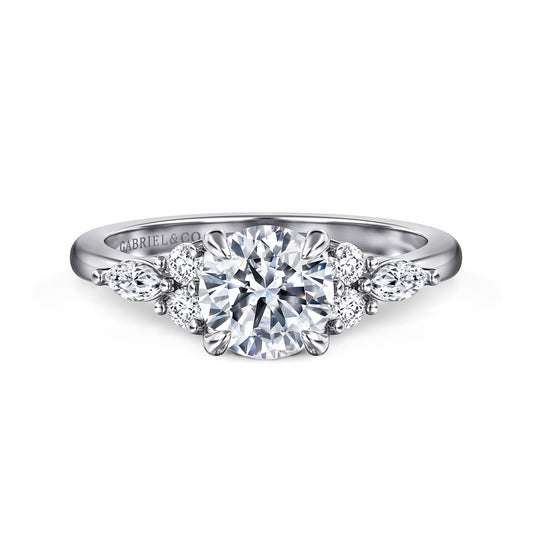 14K White Gold Round Diamond Cluster Engagement Ring — Gabriel & Co. ER16125R4W44JJ; center stone shown for illustration, not included