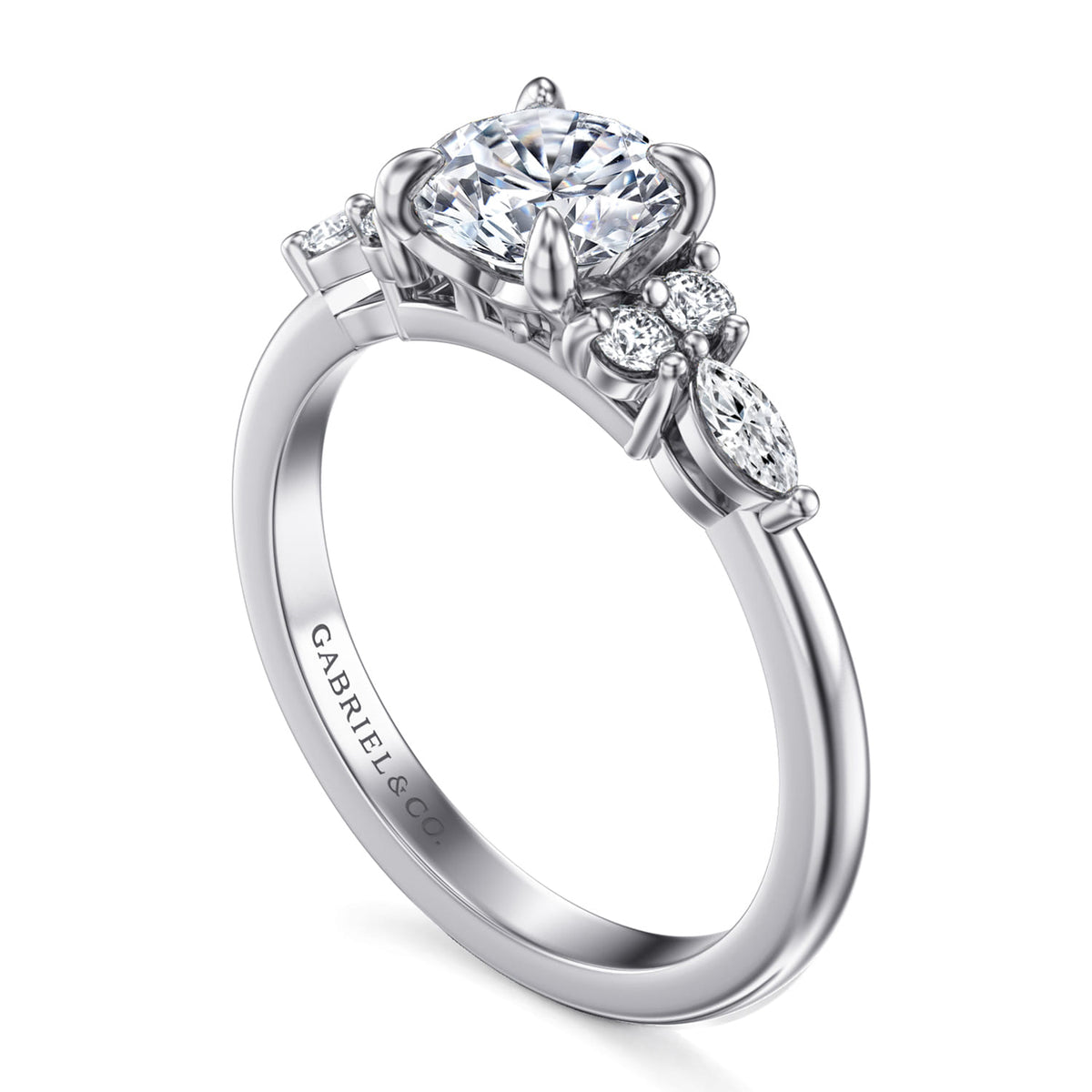 14K White Gold Round Diamond Cluster Engagement Ring — Gabriel & Co. ER16125R4W44JJ; center stone shown for illustration, not included