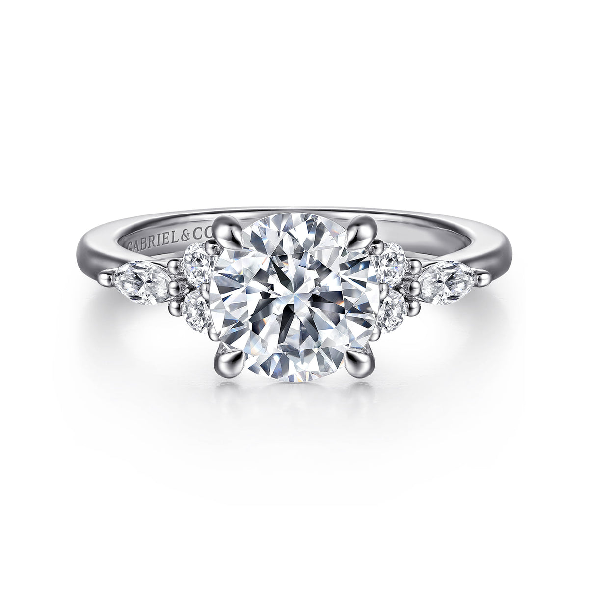 14K White Gold Round Diamond Cluster Engagement Ring — Gabriel & Co. ER16125R6W44JJ; center stone shown for illustration, not included
