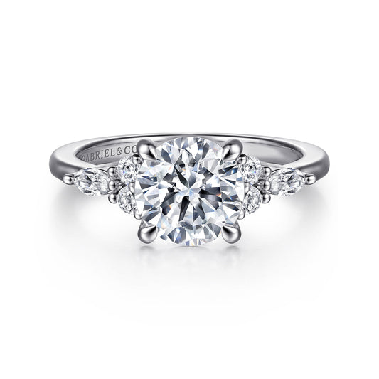 14K White Gold Round Diamond Cluster Engagement Ring — Gabriel & Co. ER16125R6W44JJ; center stone shown for illustration, not included