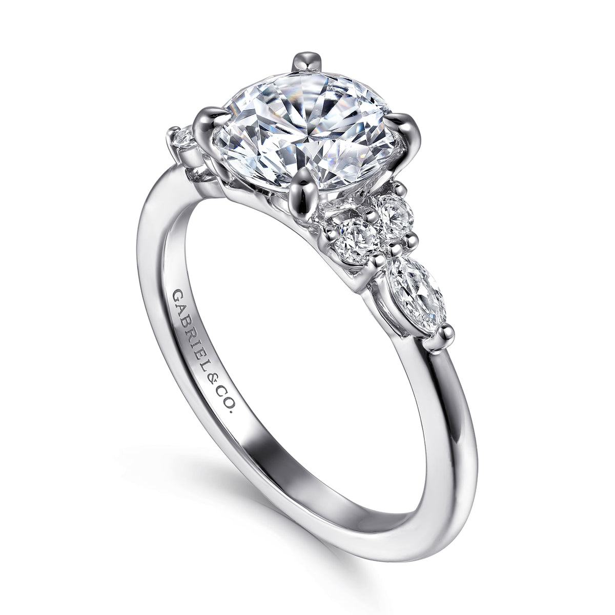 14K White Gold Round Diamond Cluster Engagement Ring — Gabriel & Co. ER16125R6W44JJ; center stone shown for illustration, not included