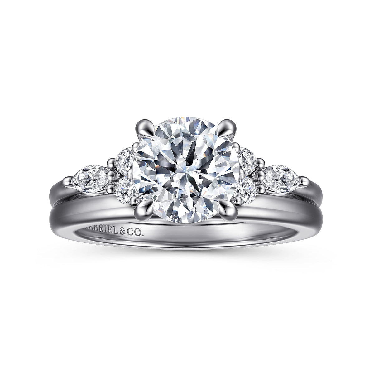 14K White Gold Round Diamond Cluster Engagement Ring — Gabriel & Co. ER16125R6W44JJ; center stone shown for illustration, not included