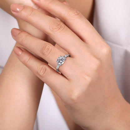 14K White Gold Round Diamond Cluster Engagement Ring — Gabriel & Co. ER16125R6W44JJ; center stone shown for illustration, not included