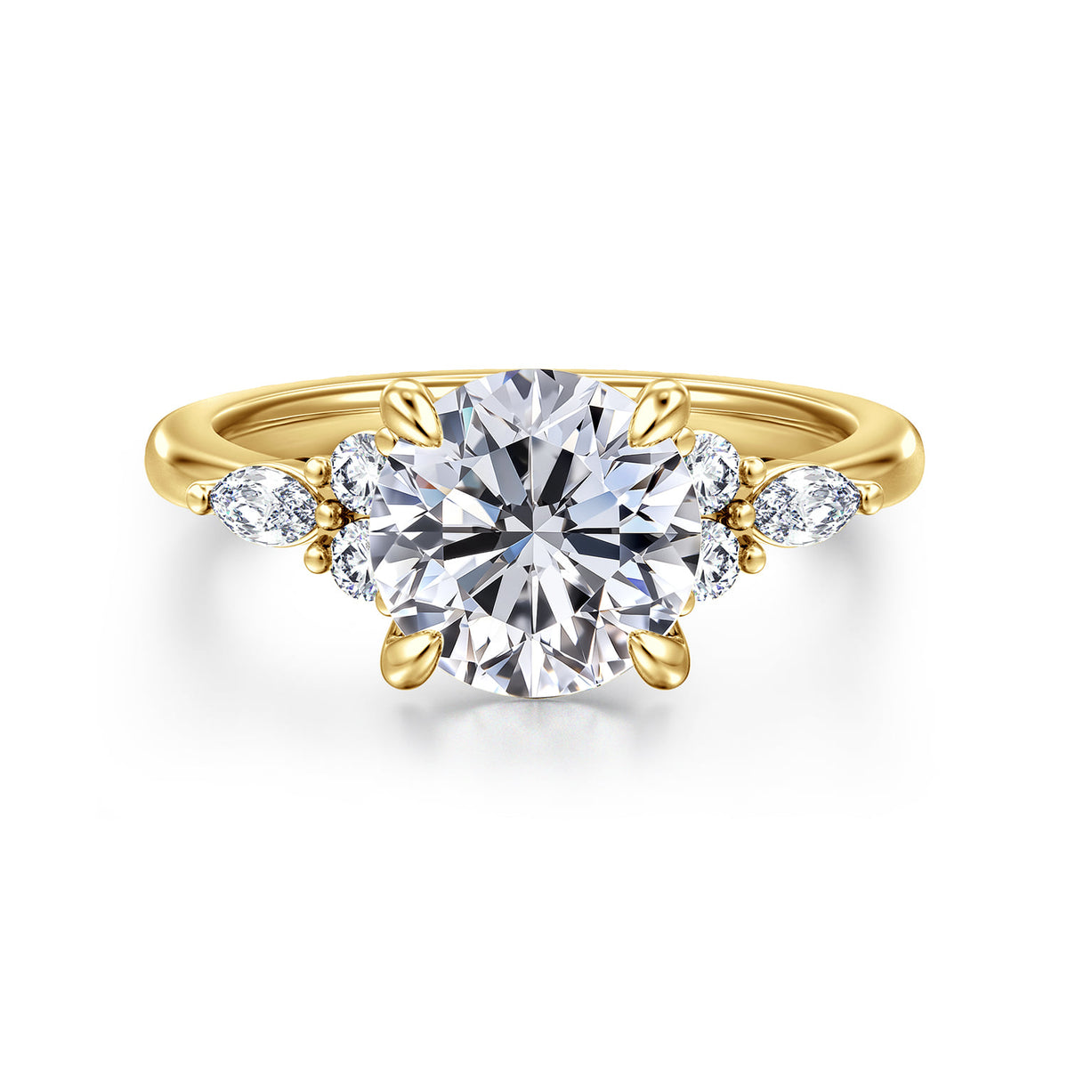 14K Yellow Gold Round Diamond Cluster Engagement Ring — Gabriel & Co. ER16125R8Y44JJ; center stone shown for illustration, not included