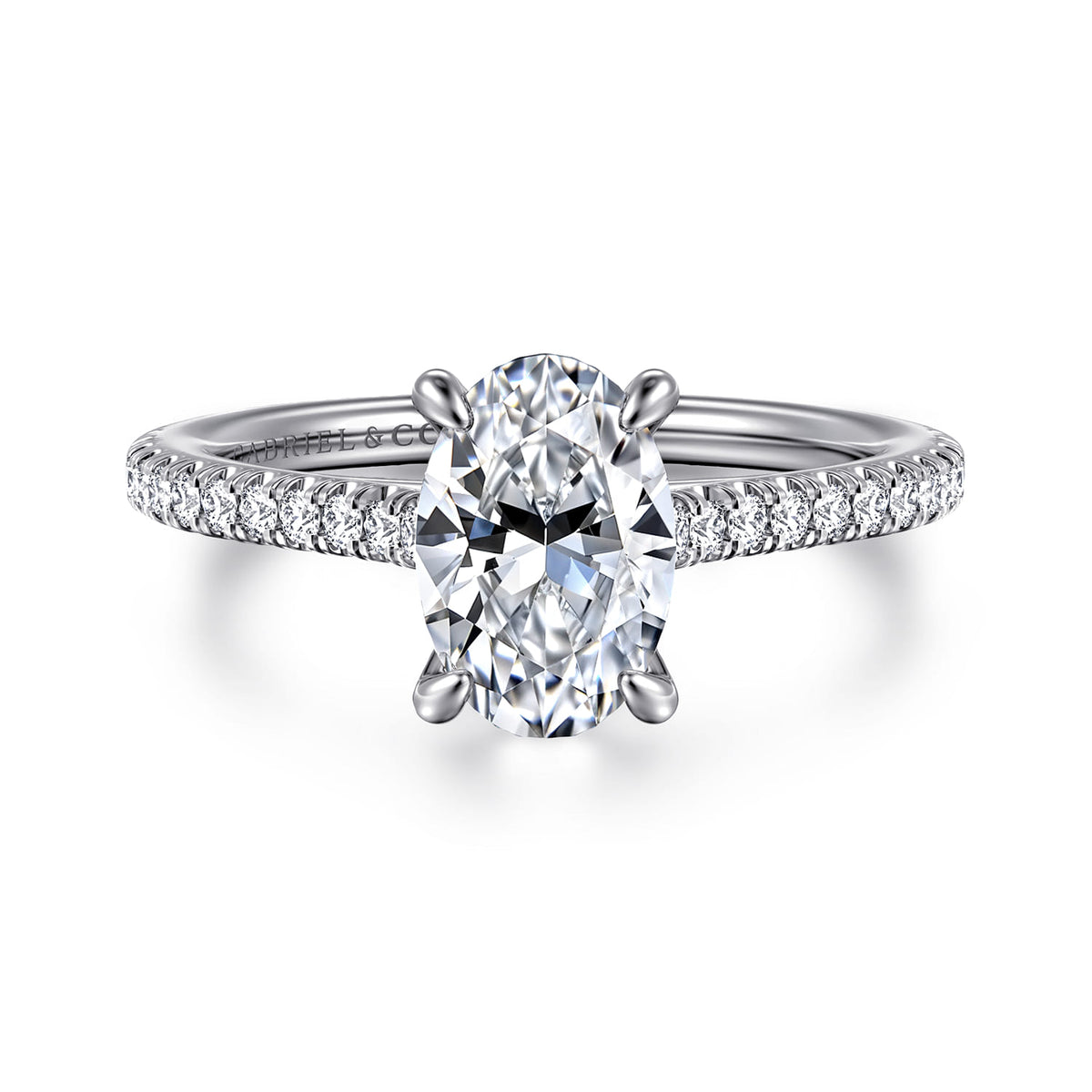 14K White Gold Oval Diamond Engagement Ring — Gabriel & Co. ER16129O6W44JJ; center stone shown for illustration, not included