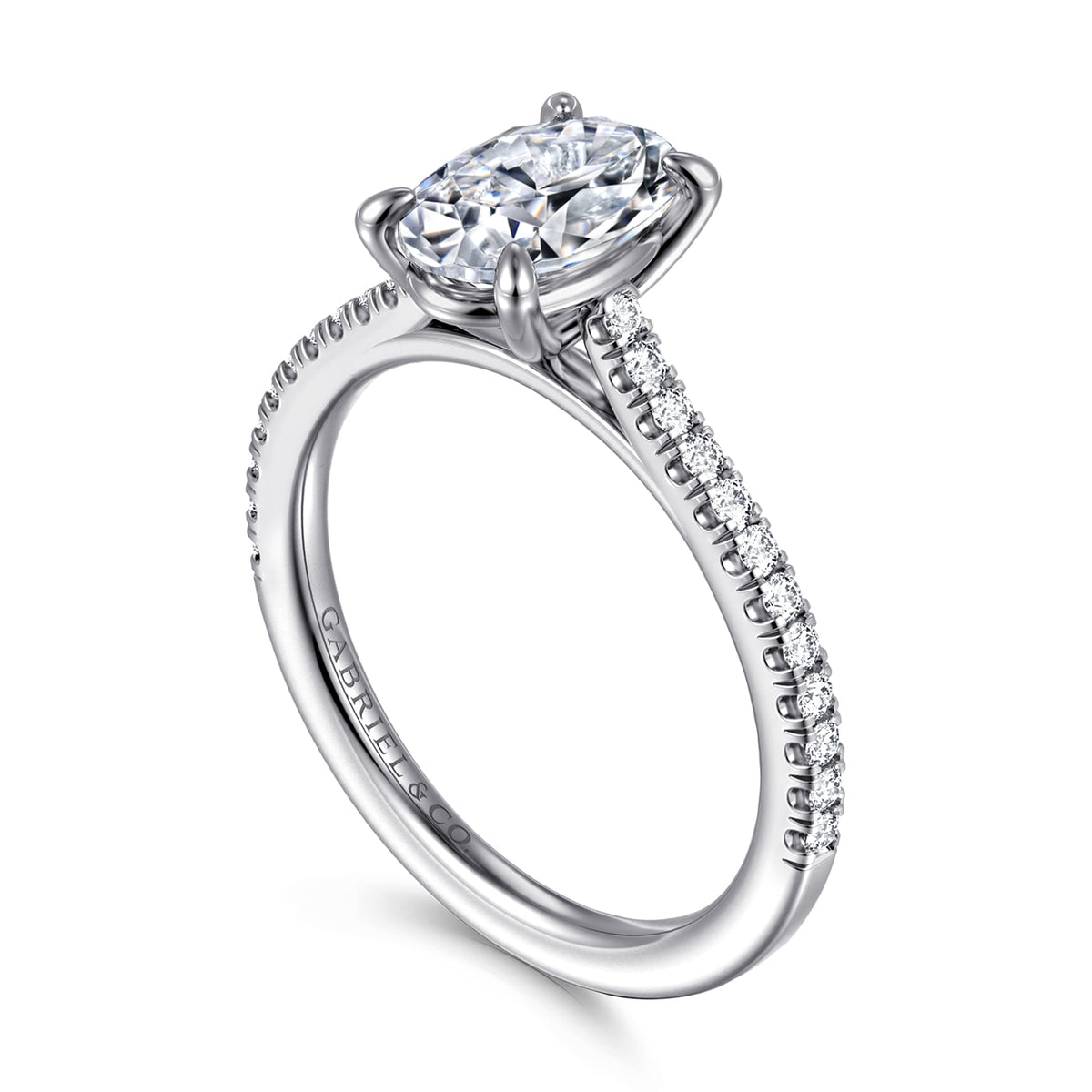 14K White Gold Oval Diamond Engagement Ring — Gabriel & Co. ER16129O6W44JJ; center stone shown for illustration, not included