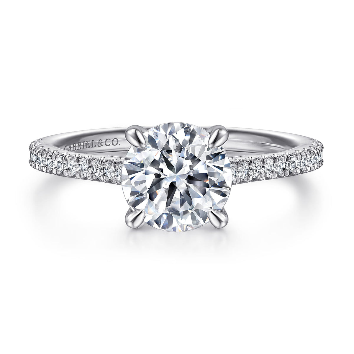 14K White Gold Round Diamond Engagement Ring — ER16129R8W44JJ; center stone shown for illustration, not included