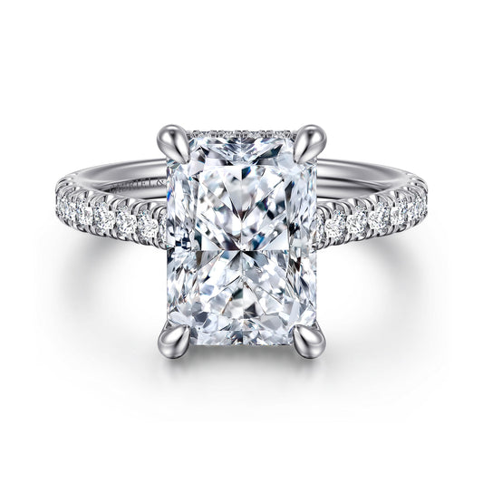 14K White Gold Radiant Cut Diamond Engagement Ring — Gabriel & Co. ER16131N18W44JJ; center stone shown for illustration, not included