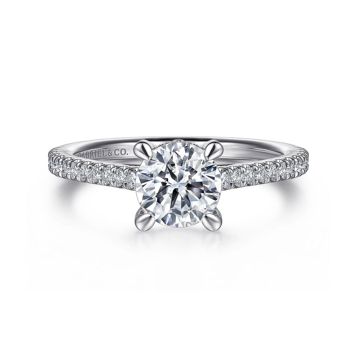 14K White Gold Round Diamond Engagement Ring — ER16131R4W44JJ; center stone shown for illustration, not included