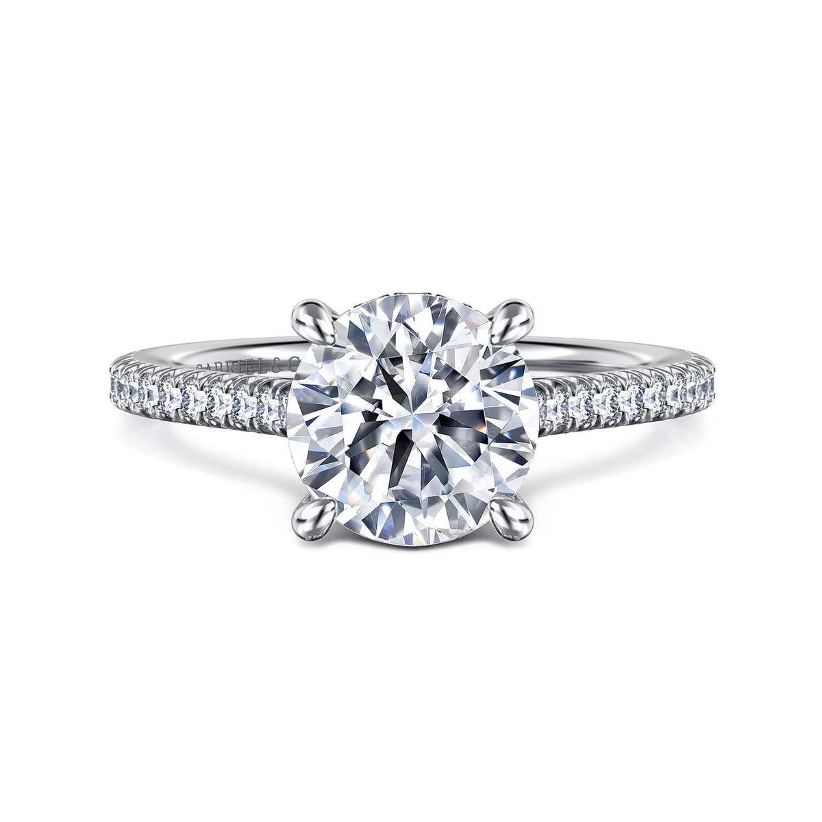 14K White Gold Round Diamond Engagement Ring — Gabriel & Co. ER16131R8W44JJ; center stone shown for illustration, not included