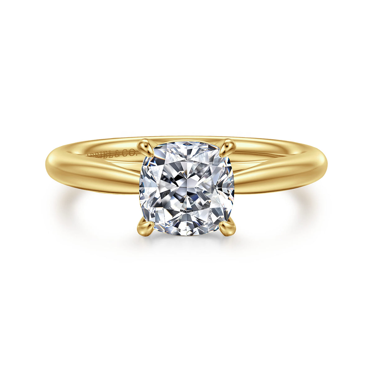 14K Yellow Gold Cushion Cut Solitaire Diamond Engagement Ring — ER16132C6Y4JJJ; center stone shown for illustration, not included