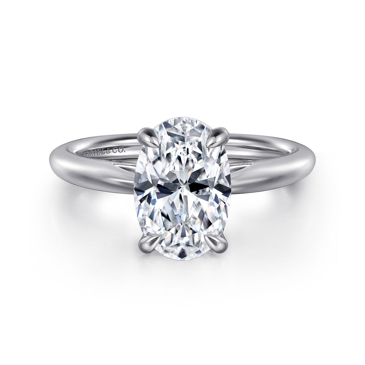 14K White Gold Oval Solitaire Diamond Engagement Ring — Gabriel & Co. ER16132O8W4JJJ; center stone shown for illustration, not included
