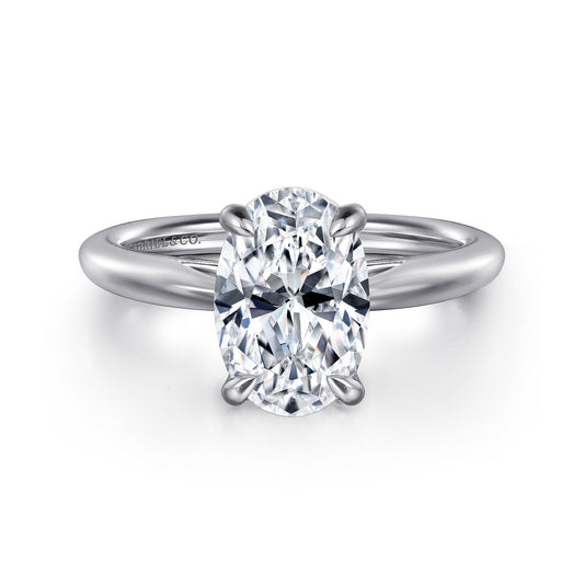 14K White Gold Oval Solitaire Diamond Engagement Ring — Gabriel & Co. ER16132O8W4JJJ; center stone shown for illustration, not included