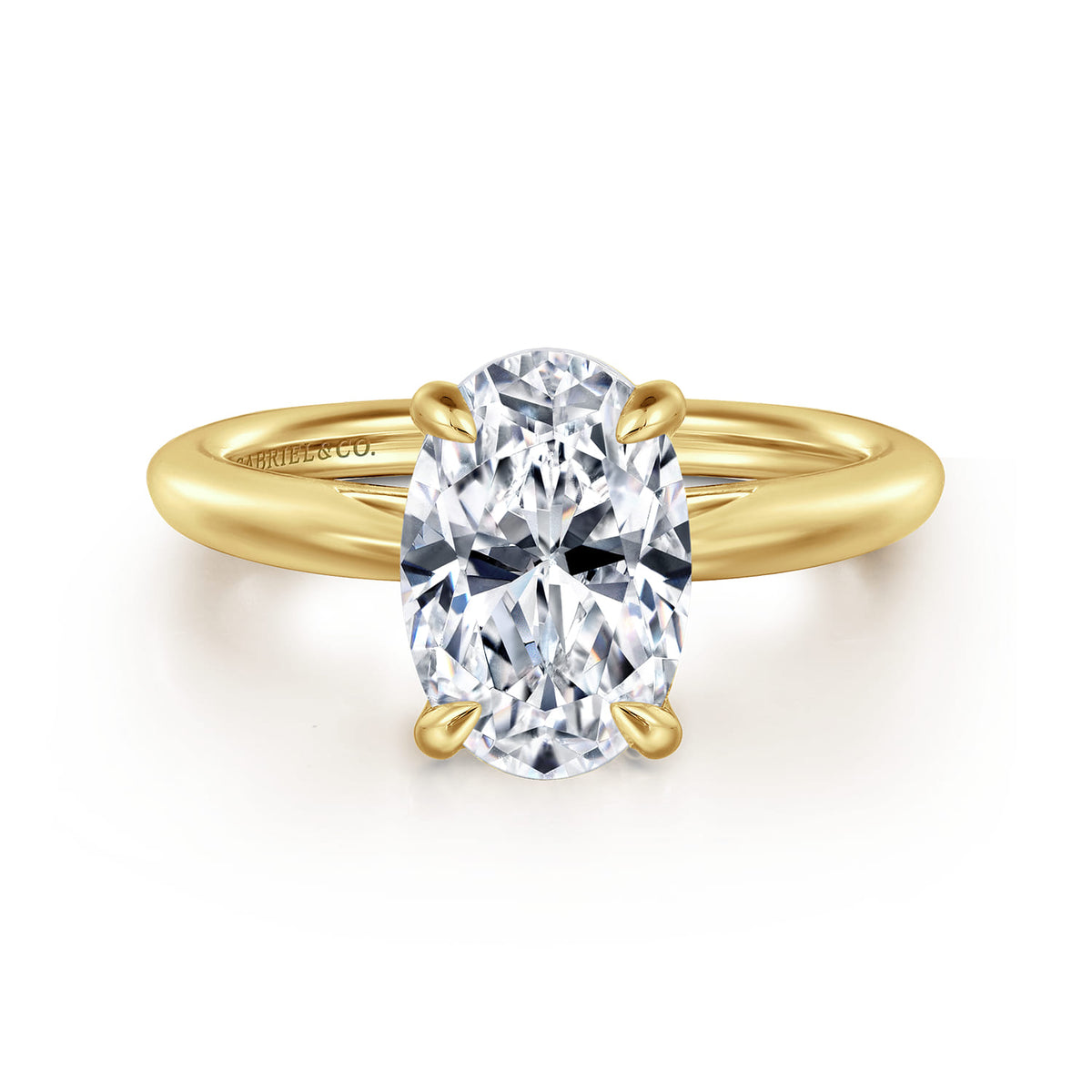 14K Yellow Gold Oval Solitaire Diamond Engagement Ring — Gabriel & Co. ER16132O8Y4JJJ; center stone shown for illustration, not included