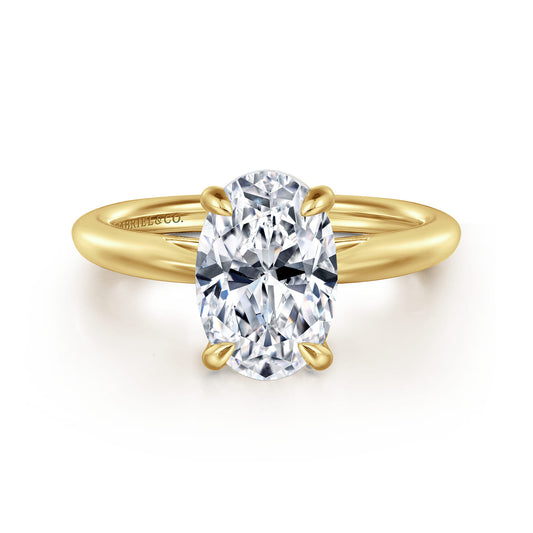 14K Yellow Gold Oval Solitaire Diamond Engagement Ring — Gabriel & Co. ER16132O8Y4JJJ; center stone shown for illustration, not included