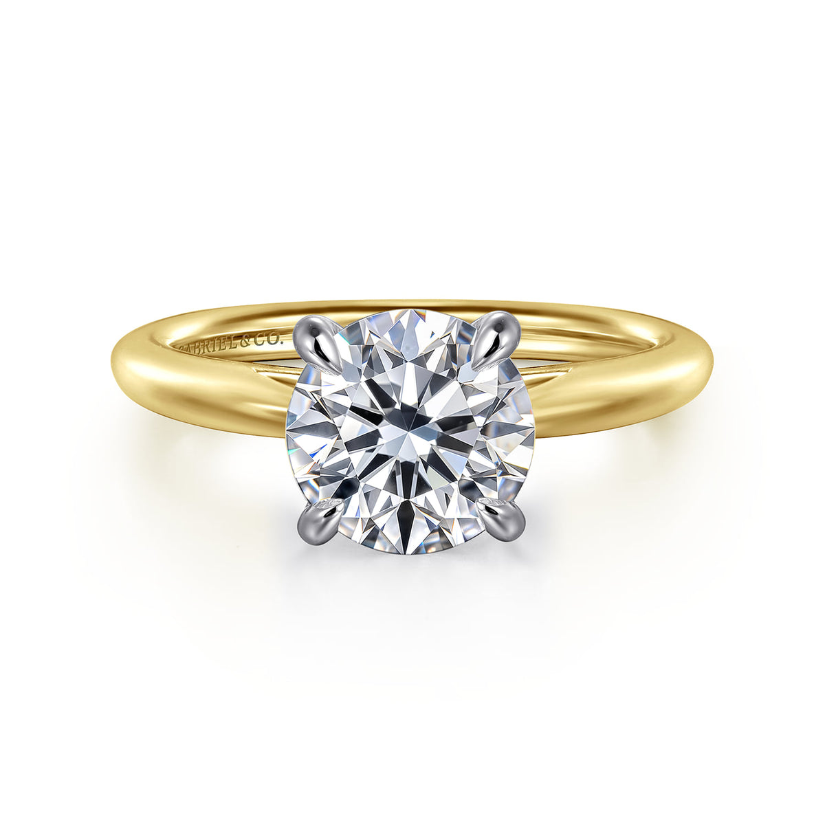 14K White-Yellow Gold Round Solitaire Diamond Engagement Ring — Gabriel & Co. ER16132R8M4JJJ; center stone shown for illustration, not included