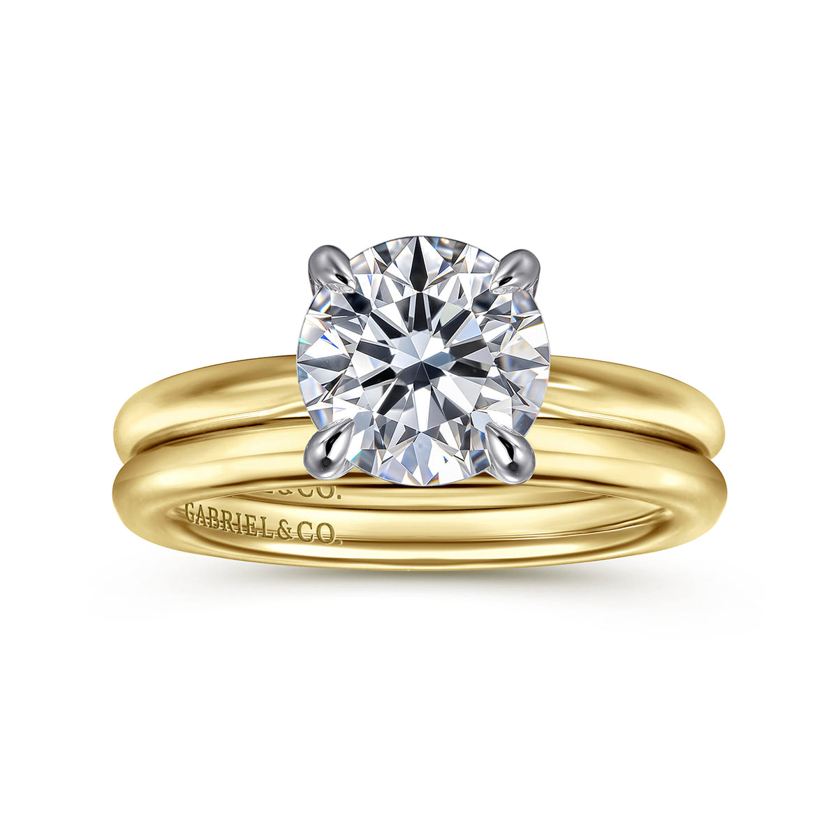 14K White-Yellow Gold Round Solitaire Diamond Engagement Ring — Gabriel & Co. ER16132R8M4JJJ; center stone shown for illustration, not included