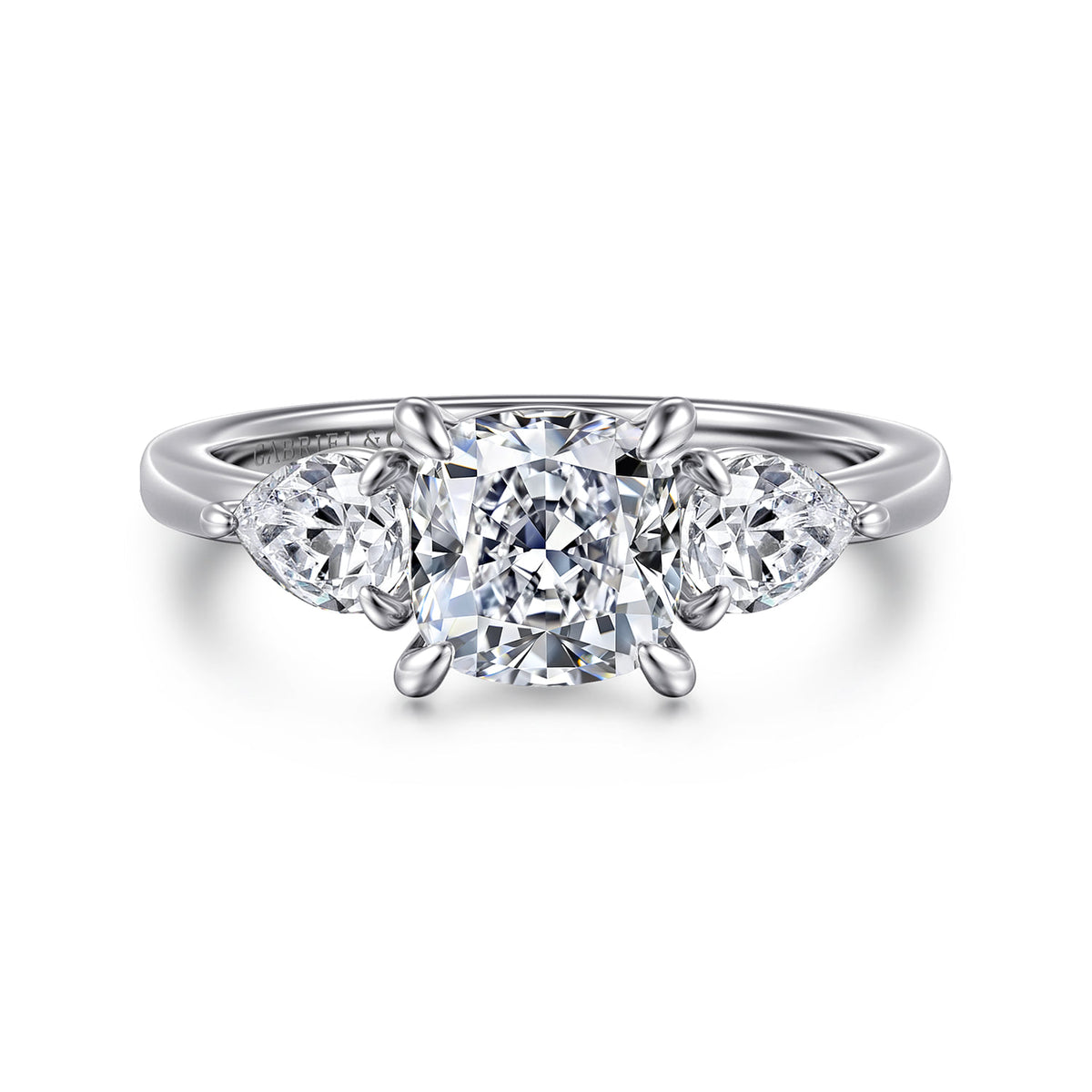 14K White Gold Cushion Cut Three Stone Diamond Engagement Ring — ER16135C6W44JJ; center stone shown for illustration, not included