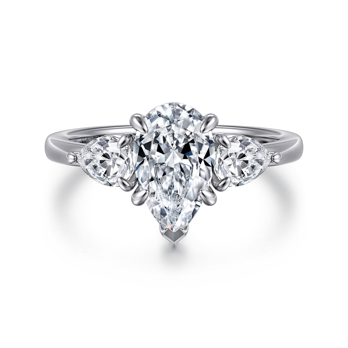 14K White Gold Pear Shape Three Stone Diamond Engagement Ring — ER16135P6W44JJ; center stone shown for illustration, not included