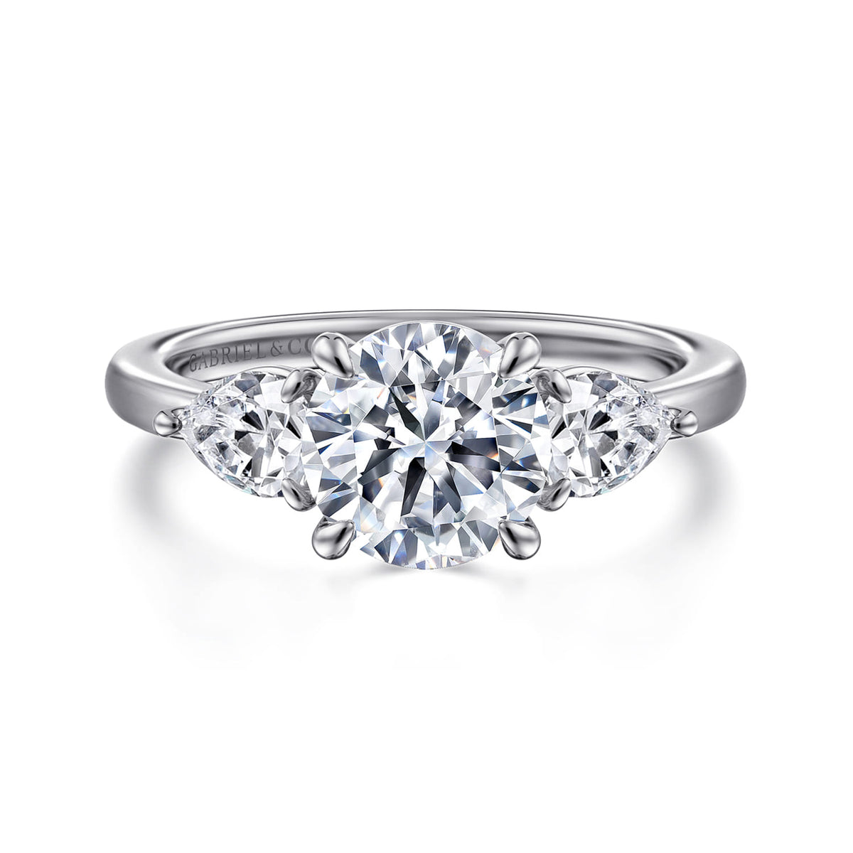 14K White Gold Round Three Stone Diamond Engagement Ring — ER16135R6W44JJ; center stone shown for illustration, not included