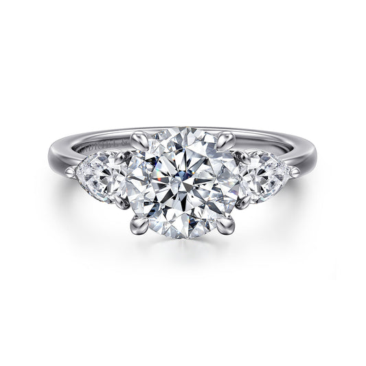 14K White Gold Round Three Stone Diamond Engagement Ring — Gabriel & Co. ER16135R8W44JJ; center stone shown for illustration, not included