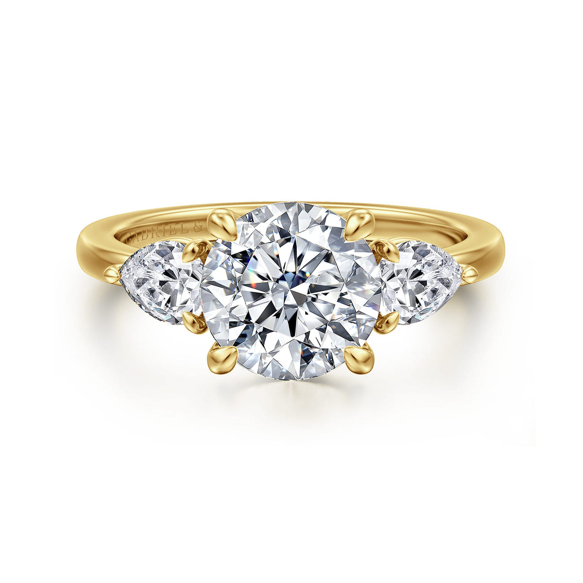 14K Yellow Gold Round Three Stone Diamond Engagement Ring — Gabriel & Co. ER16135R8Y44JJ; center stone shown for illustration, not included