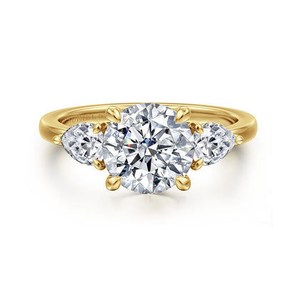 14K Yellow Gold Round Three Stone Diamond Engagement Ring — Gabriel & Co. ER16135R8Y44JJ; center stone shown for illustration, not included