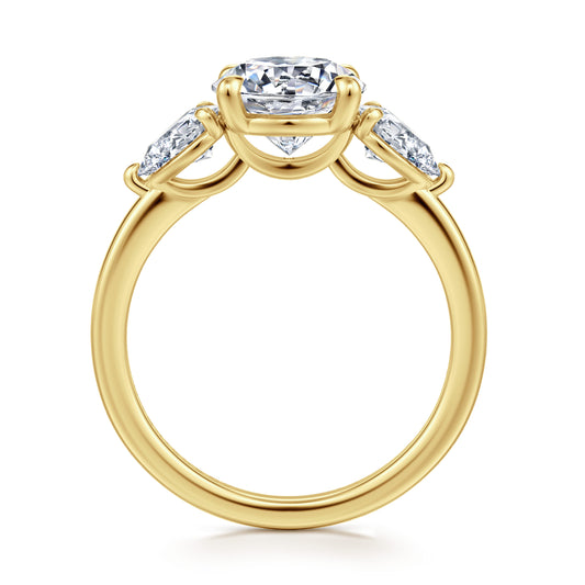 14K Yellow Gold Round Three Stone Diamond Engagement Ring — Gabriel & Co. ER16135R8Y44JJ; center stone shown for illustration, not included