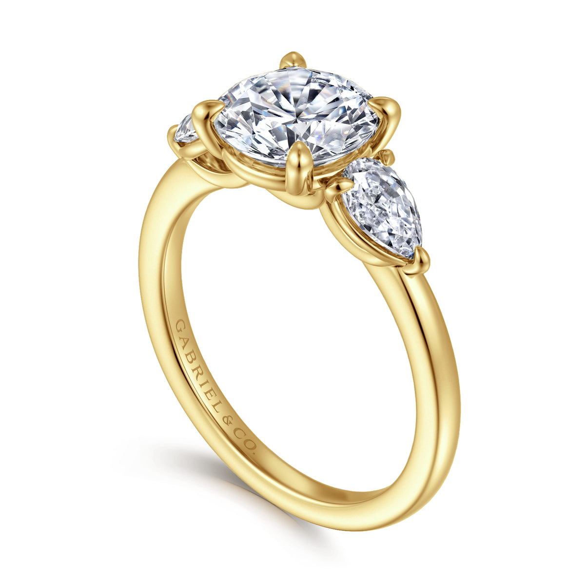14K Yellow Gold Round Three Stone Diamond Engagement Ring — Gabriel & Co. ER16135R8Y44JJ; center stone shown for illustration, not included