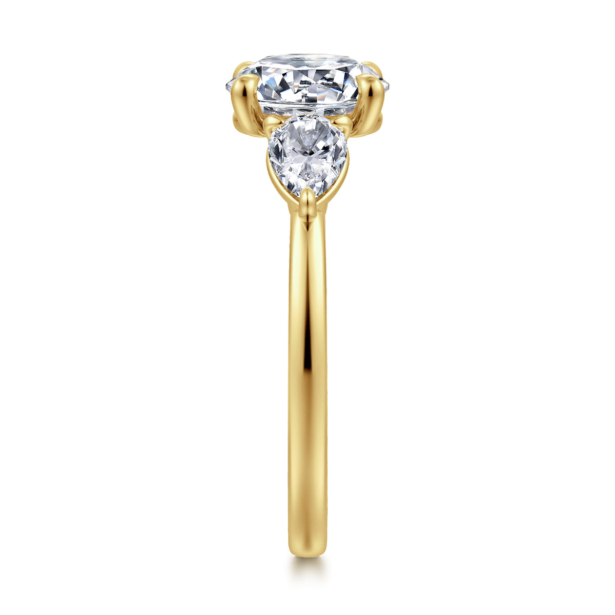 14K Yellow Gold Round Three Stone Diamond Engagement Ring — Gabriel & Co. ER16135R8Y44JJ; center stone shown for illustration, not included