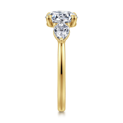 14K Yellow Gold Round Three Stone Diamond Engagement Ring — Gabriel & Co. ER16135R8Y44JJ; center stone shown for illustration, not included