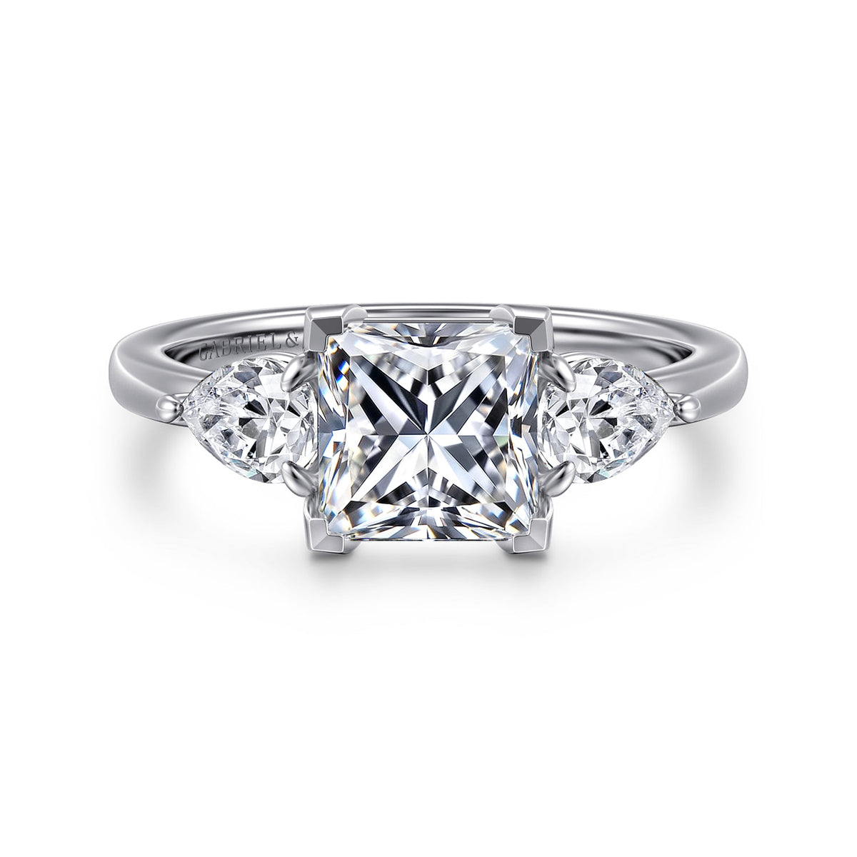 14K White Gold Princess Cut Three Stone Diamond Engagement Ring — ER16135S6W44JJ; center stone shown for illustration, not included