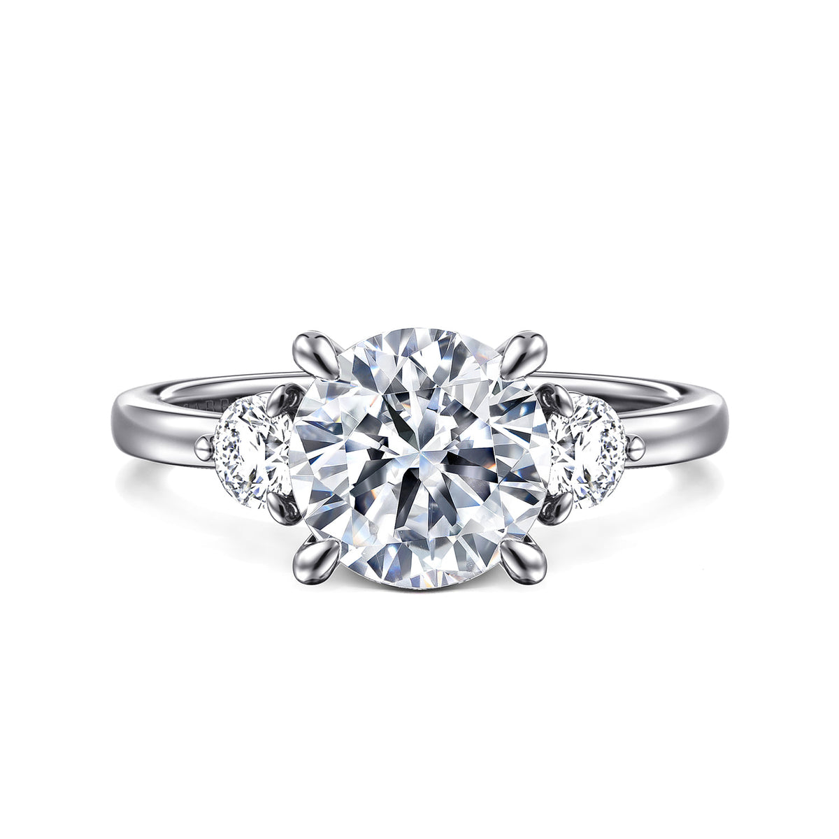 14K White Gold Round Three Stone Diamond Engagement Ring — Gabriel & Co. ER16136R8W44JJ; center stone shown for illustration, not included