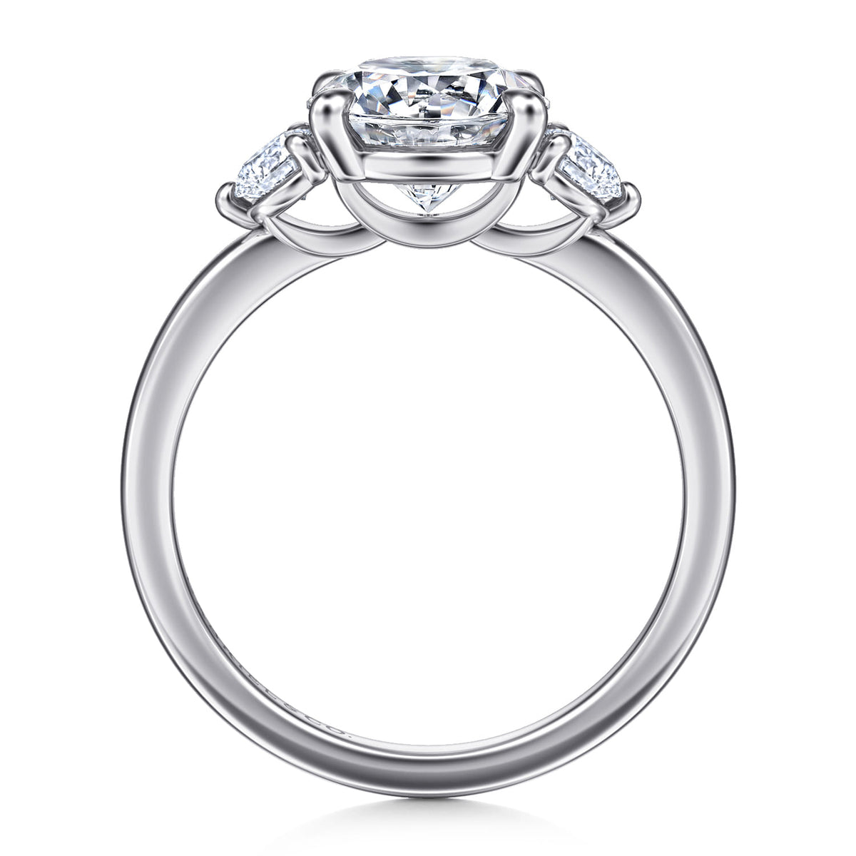 14K White Gold Round Three Stone Diamond Engagement Ring — Gabriel & Co. ER16136R8W44JJ; center stone shown for illustration, not included