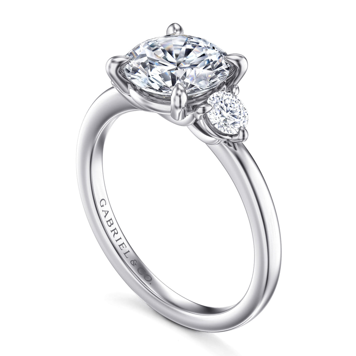 14K White Gold Round Three Stone Diamond Engagement Ring — Gabriel & Co. ER16136R8W44JJ; center stone shown for illustration, not included