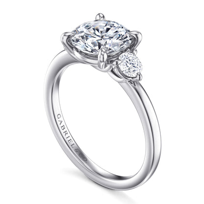 14K White Gold Round Three Stone Diamond Engagement Ring — Gabriel & Co. ER16136R8W44JJ; center stone shown for illustration, not included