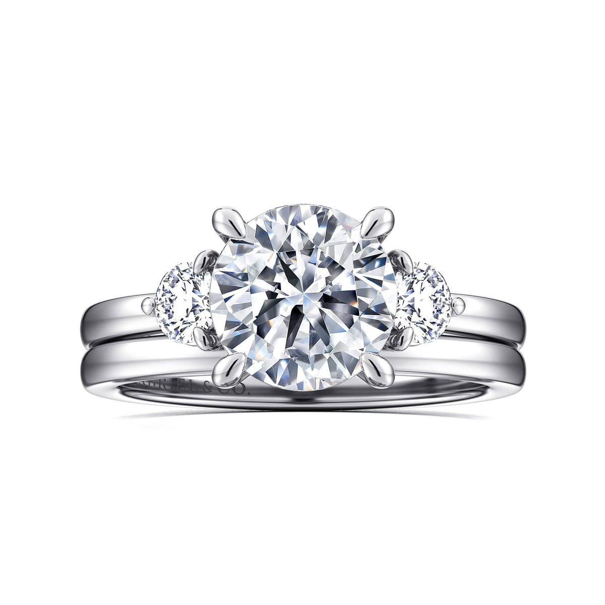 14K White Gold Round Three Stone Diamond Engagement Ring — Gabriel & Co. ER16136R8W44JJ; center stone shown for illustration, not included