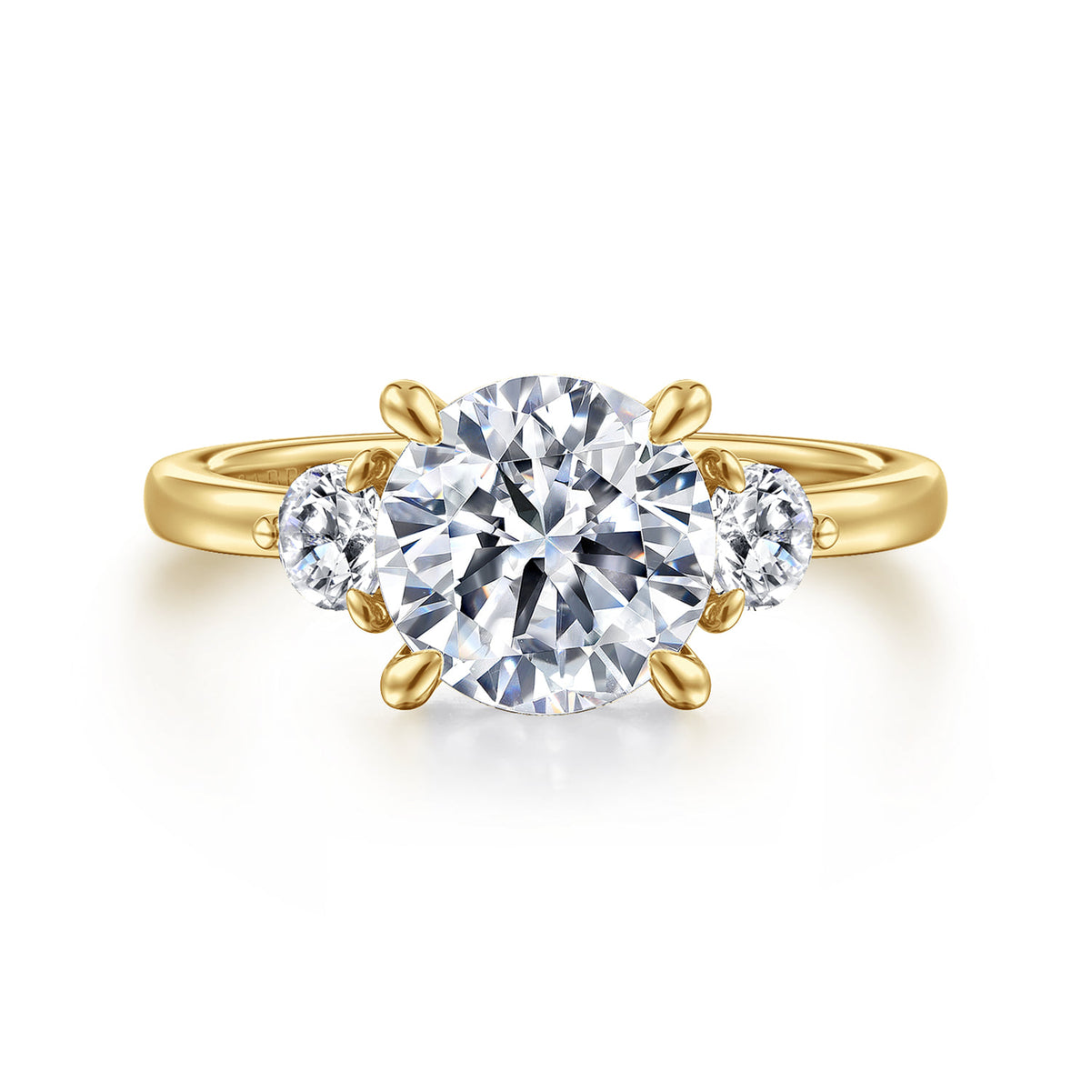 14K Yellow Gold Round Three Stone Diamond Engagement Ring — Gabriel & Co. ER16136R8Y44JJ; center stone shown for illustration, not included