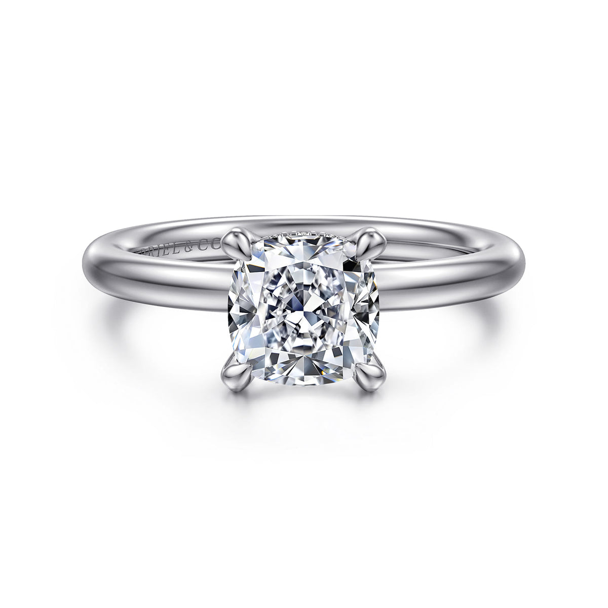 14K White Gold Cushion Cut Solitaire Diamond Engagement Ring — ER16138C6W44JJ; center stone shown for illustration, not included