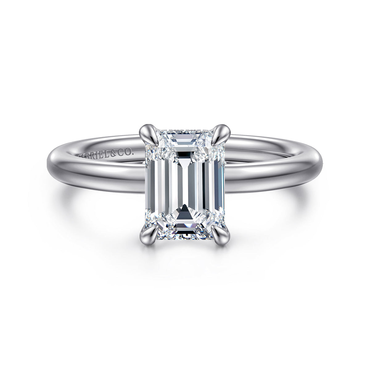 14K White Gold Emerald Cut Solitaire Diamond Engagement Ring — ER16138E6W44JJ; center stone shown for illustration, not included