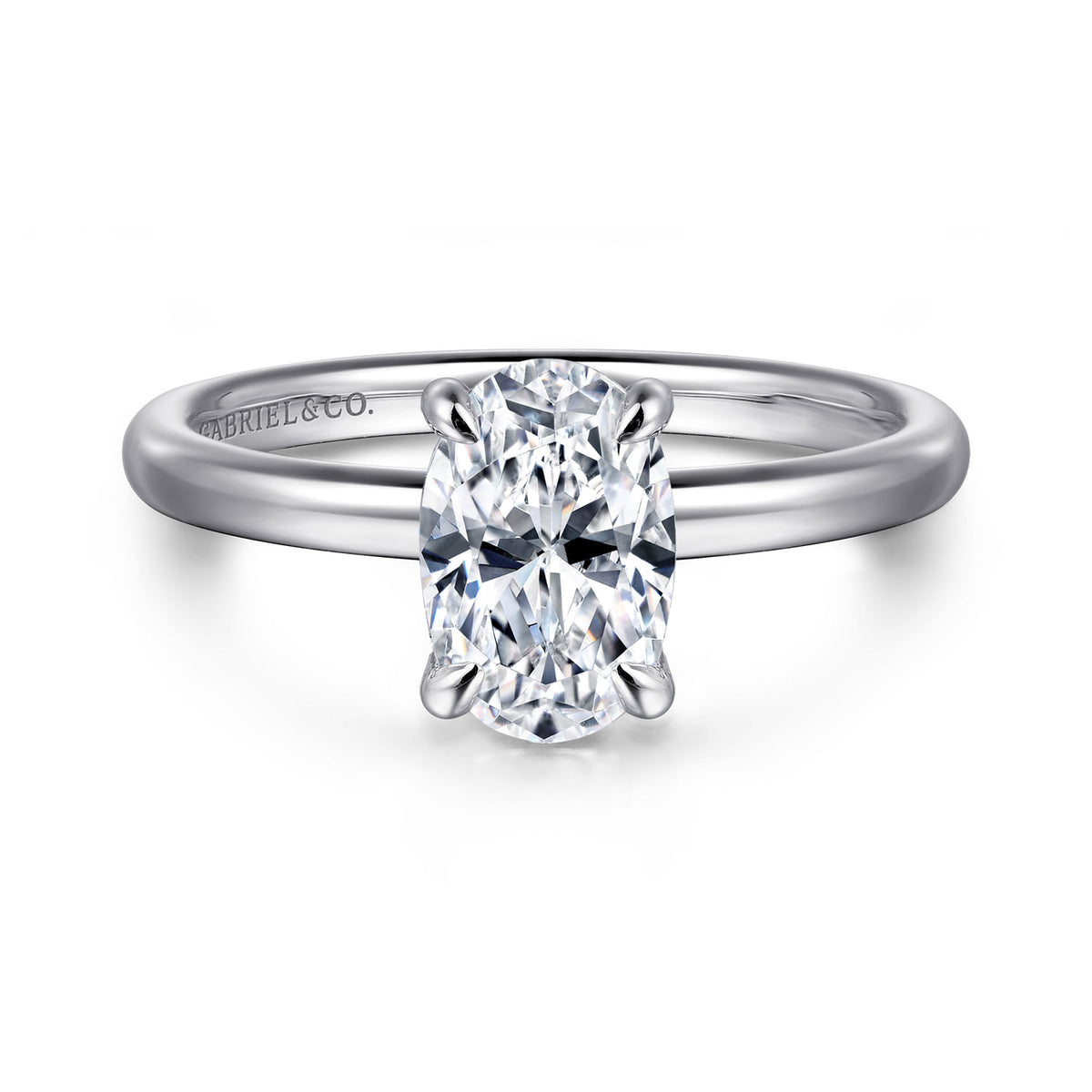 14K White Gold Oval Solitaire Diamond Engagement Ring — ER16138O6W44JJ; center stone shown for illustration, not included