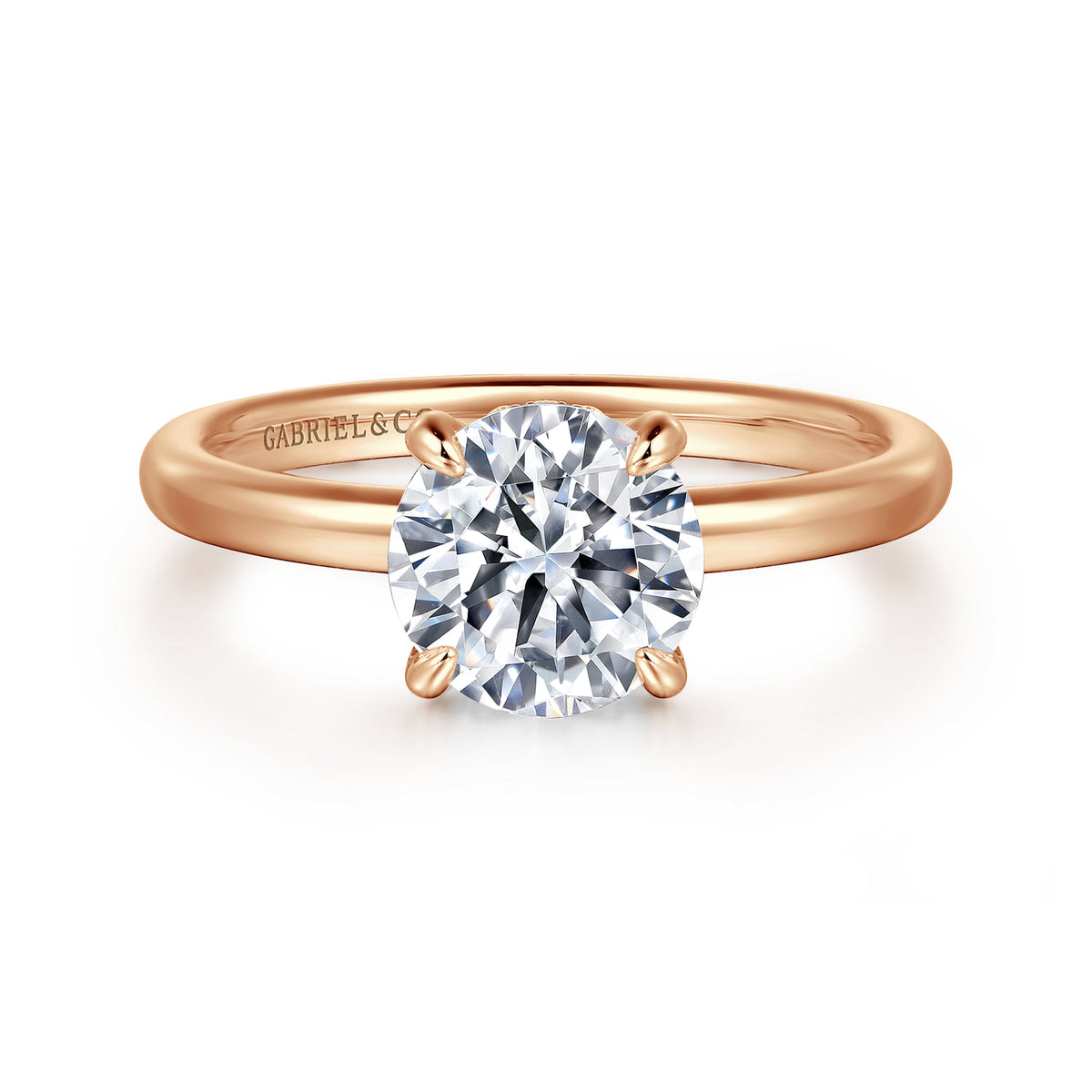 14K Rose Gold Round Solitaire Diamond Engagement Ring — ER16138R6K44JJ; center stone shown for illustration, not included