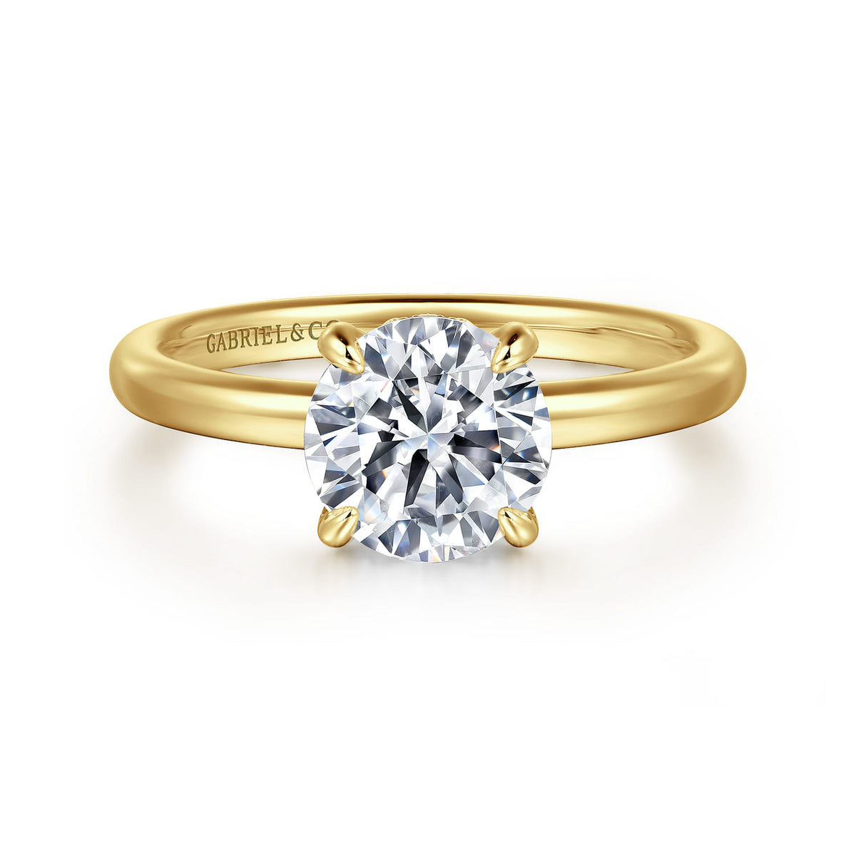 14K Yellow Gold Round Solitaire Diamond Engagement Ring — ER16138R6Y44JJ; center stone shown for illustration, not included