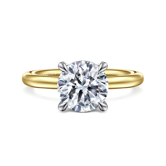 14K White and Yellow Gold Round Solitaire Diamond Engagement Ring — Gabriel & Co. ER16138R8M44JJ; center stone shown for illustration, not included