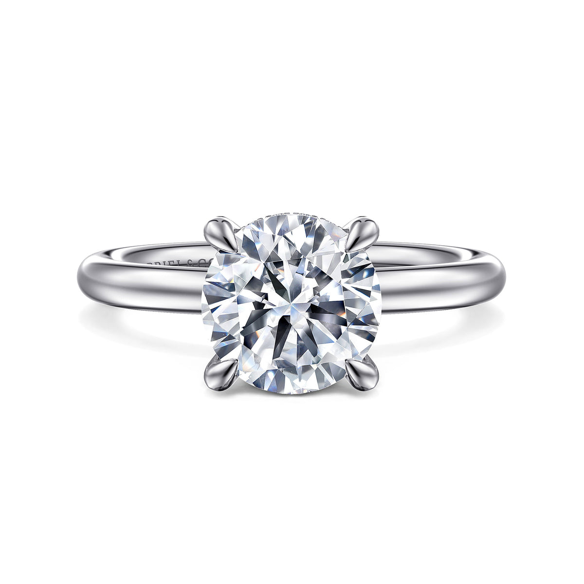 14K White Gold Round Solitaire Diamond Engagement Ring — Gabriel & Co. ER16138R8W44JJ; center stone shown for illustration, not included