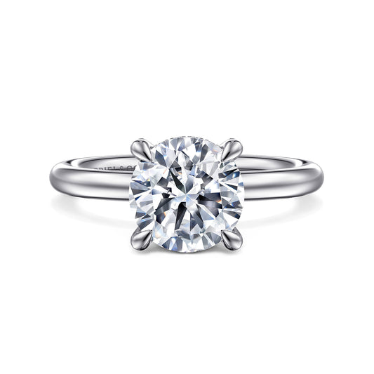 14K White Gold Round Solitaire Diamond Engagement Ring — Gabriel & Co. ER16138R8W44JJ; center stone shown for illustration, not included