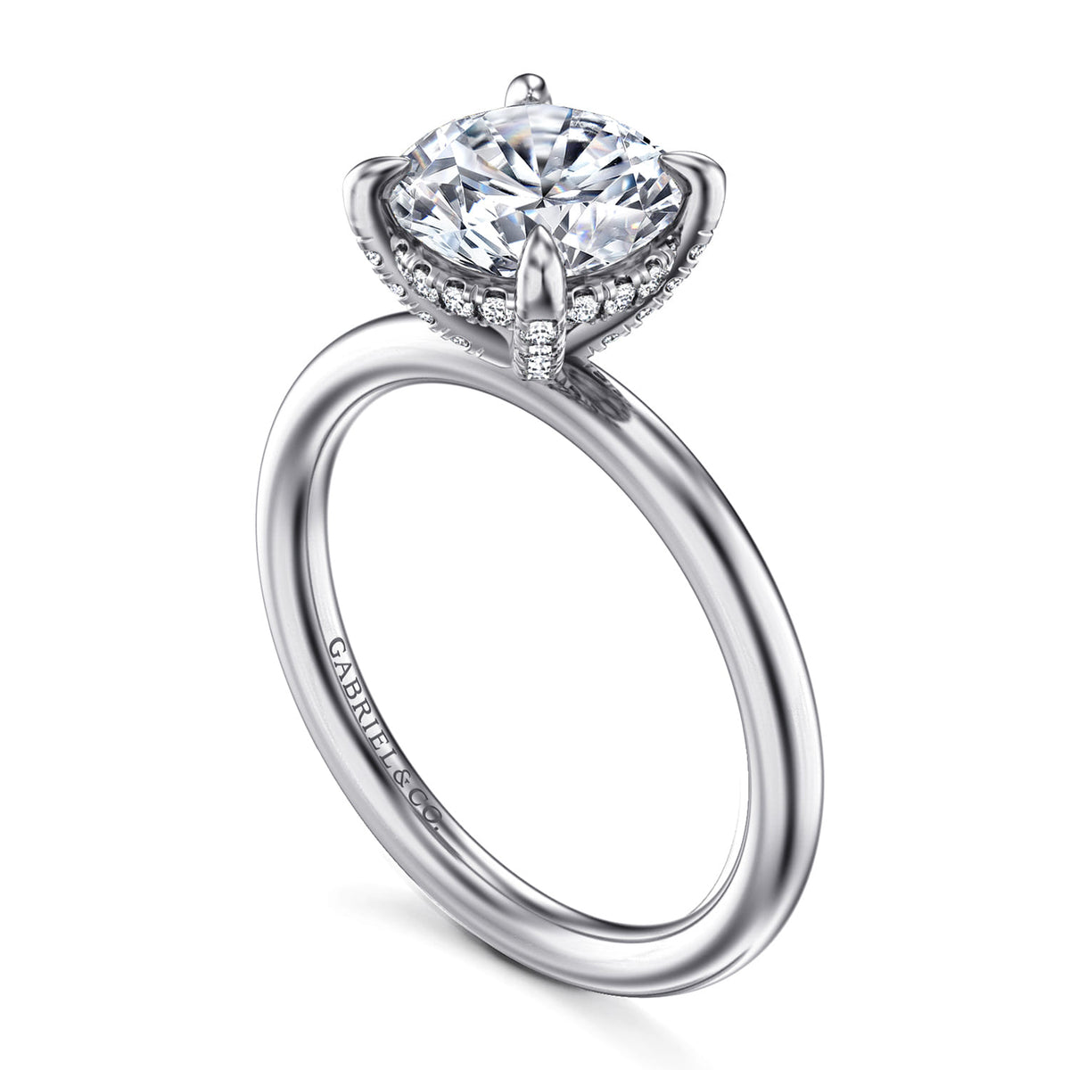 14K White Gold Round Solitaire Diamond Engagement Ring — Gabriel & Co. ER16138R8W44JJ; center stone shown for illustration, not included