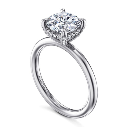 14K White Gold Round Solitaire Diamond Engagement Ring — Gabriel & Co. ER16138R8W44JJ; center stone shown for illustration, not included