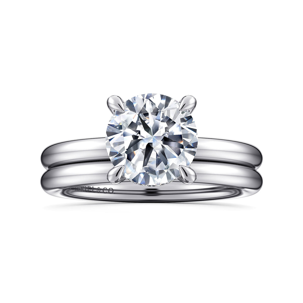 14K White Gold Round Solitaire Diamond Engagement Ring — Gabriel & Co. ER16138R8W44JJ; center stone shown for illustration, not included